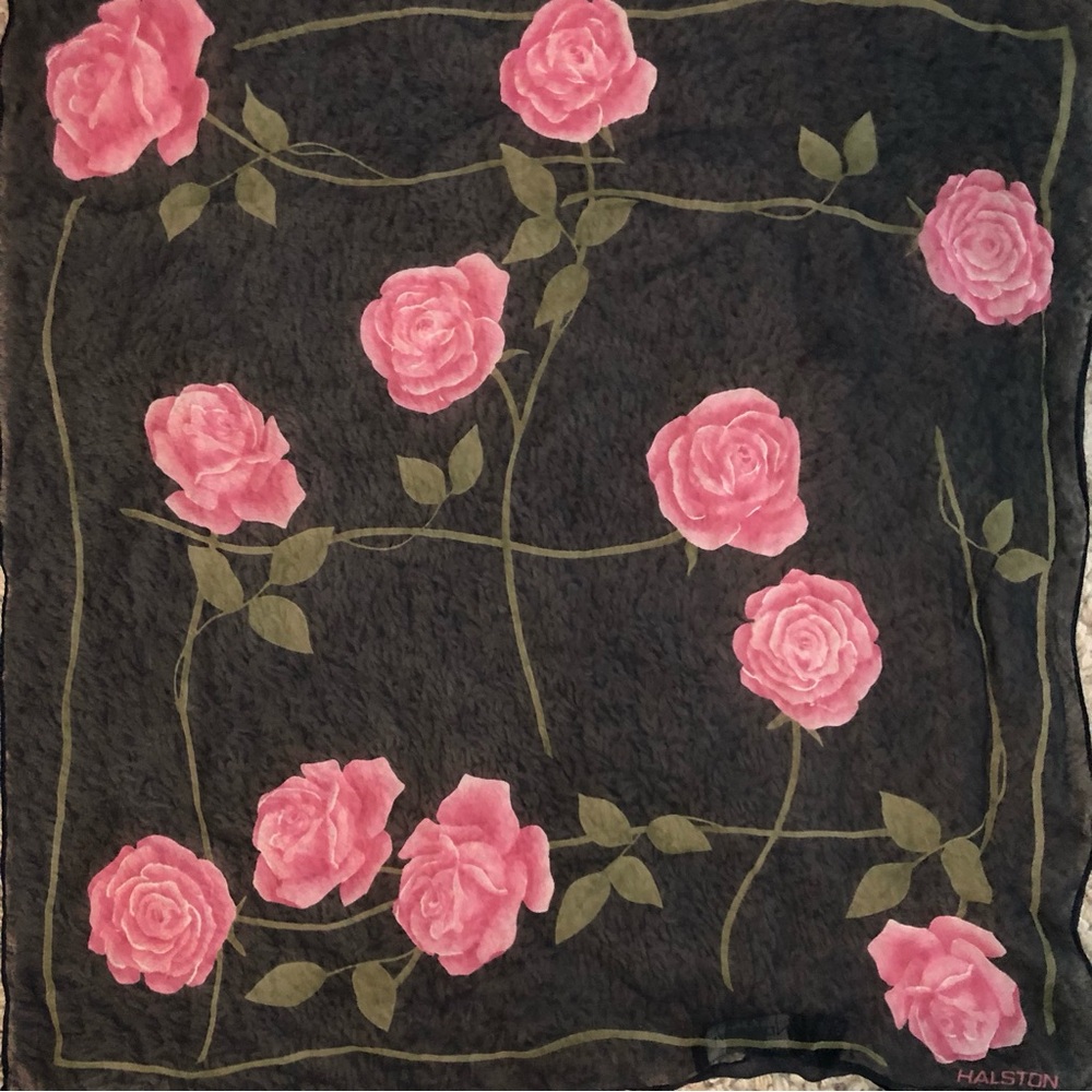 Vintage Halston Black Floral Silk Scarf with Pink Roses